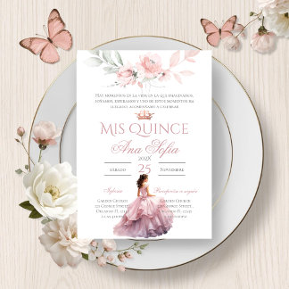Invitation de quinceañera florale rose en espagnol