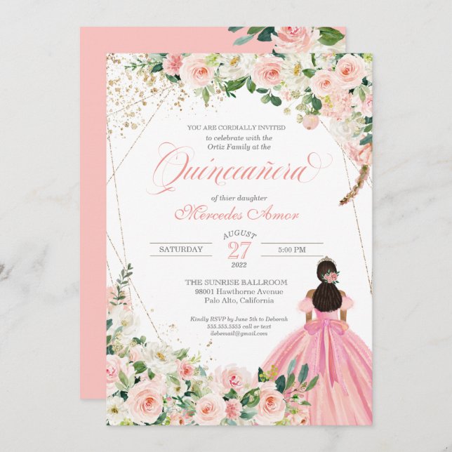 Invitation de Quinceanera florale rose et blanche (Devant / Derrière)
