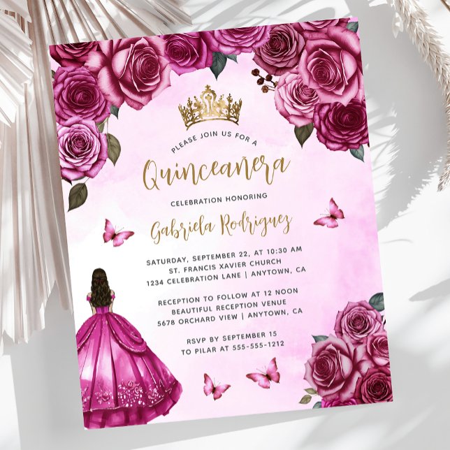 Invitation de Quinceañera Florale Rose Fuchsia Dor (Créateur téléchargé)