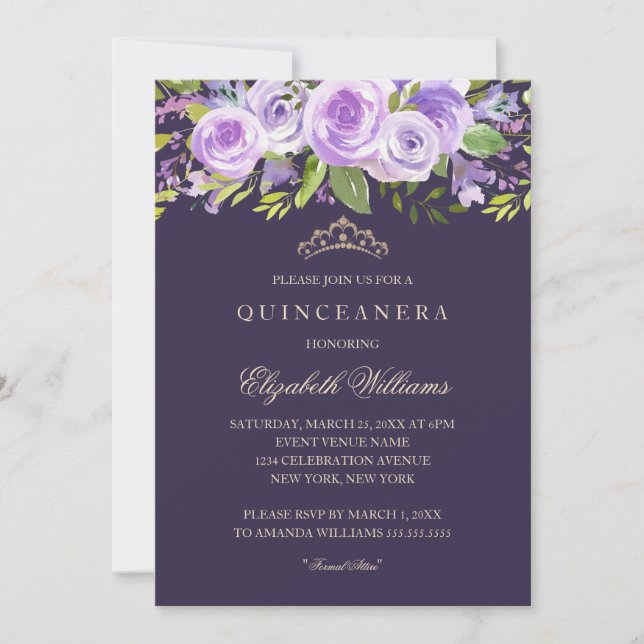 Invitation de Quinceanera florale Rose Lavande (Devant)