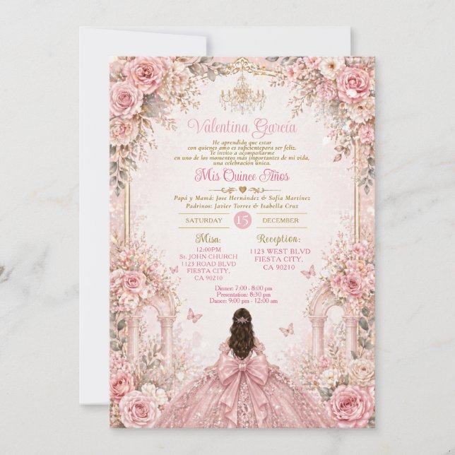 Invitation de Quinceañera florale rose pour un jar (Devant)