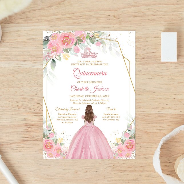 Invitation de Quinceanera Florale Rose Tendue (Créateur téléchargé)