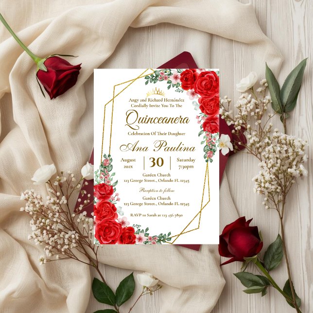 Invitation de Quinceañera florale rouge (Créateur téléchargé)