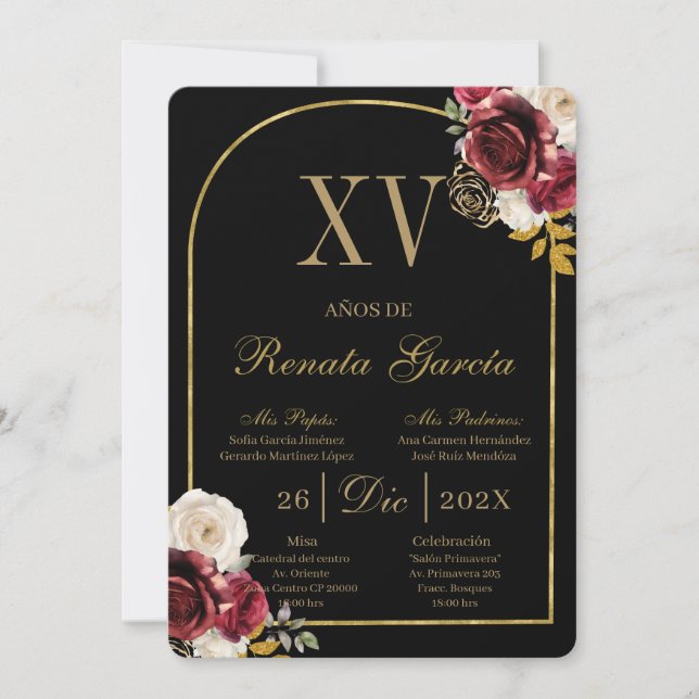 Invitation de quinceañera florale rouge noir (Devant)