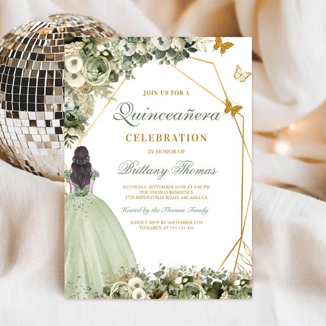 Invitation de Quinceañera Florale Verte (Créateur téléchargé)