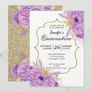 Invitation de Quinceanera Florale Violet Pailleté