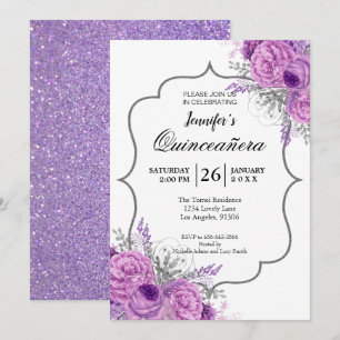Invitation de Quinceanera Florale Violet Pailleté