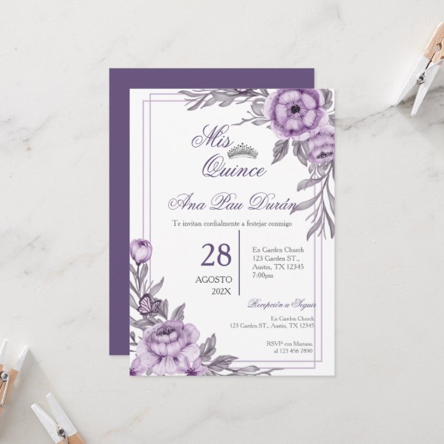 Invitation de Quinceanera Florale Violette (Devant/Arrière en situation)