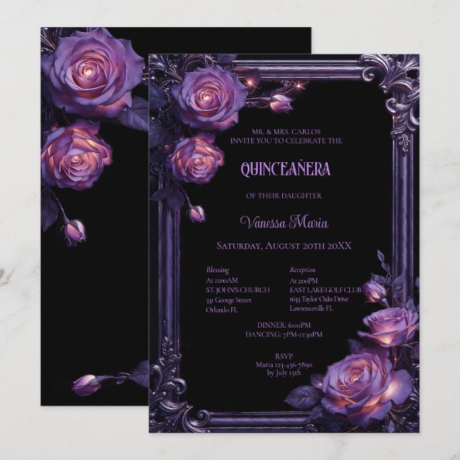 Invitation de Quinceanera Florale Violette Hallowe (Devant / Derrière)