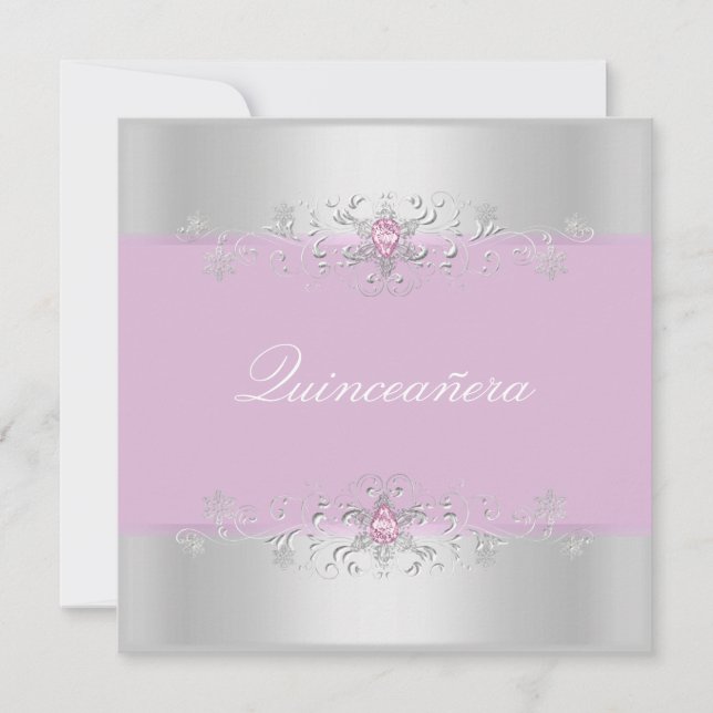 Invitation de Quinceañera Gemme Rose et Argent (Devant)