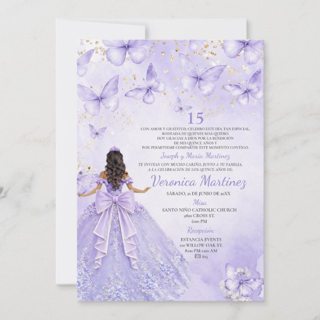 Invitation de Quinceañera Lavande avec Papillons (Devant)