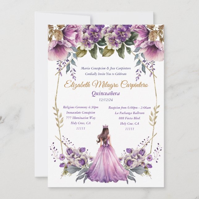 Invitation de Quinceañera lilas (Devant)