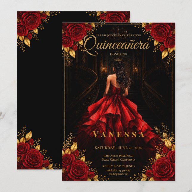 Invitation de Quinceanera lu et or (Devant / Derrière)