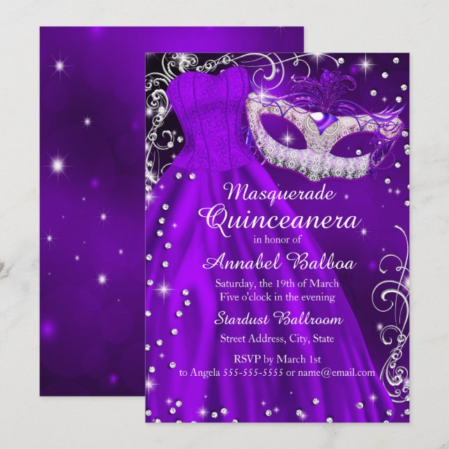 Invitation de Quinceanera Mascarade avec Masque Vi (Devant / Derrière)