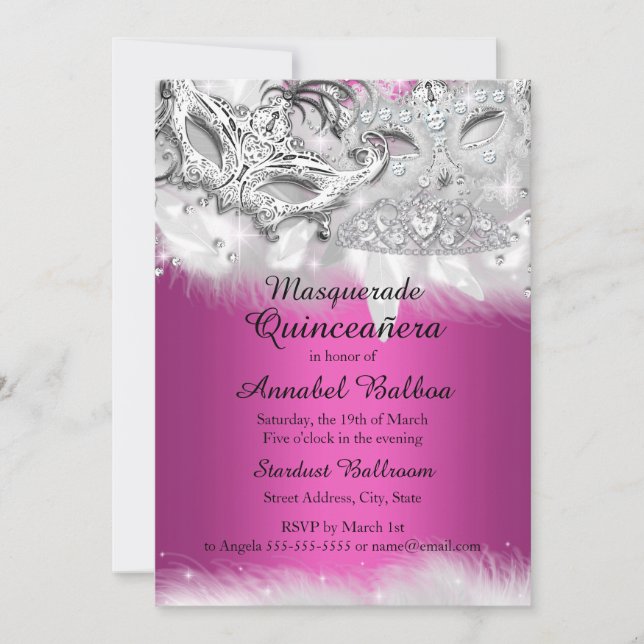Invitation de Quinceañera Mascarade Rose Chaud Bri (Devant)