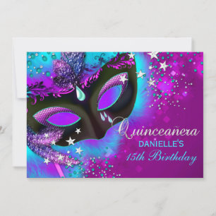 Invitation de Quinceanera Mascarade Rose et Turquo