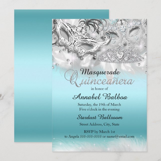 Invitation de Quinceanera Mascarade Teal Silver Sp (Devant / Derrière)