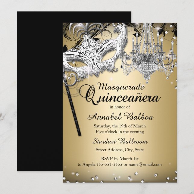 Invitation de Quinceanera Masquerade Chandeliers O (Devant / Derrière)