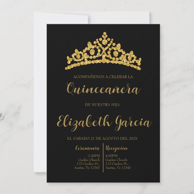Invitation de quinceañera noir et or (Devant)