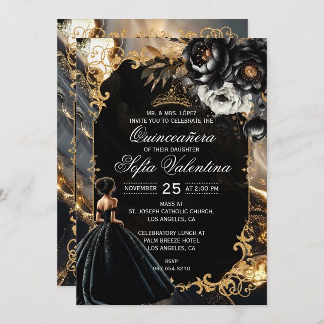 Invitation de Quinceañera noir et or (Devant / Derrière)