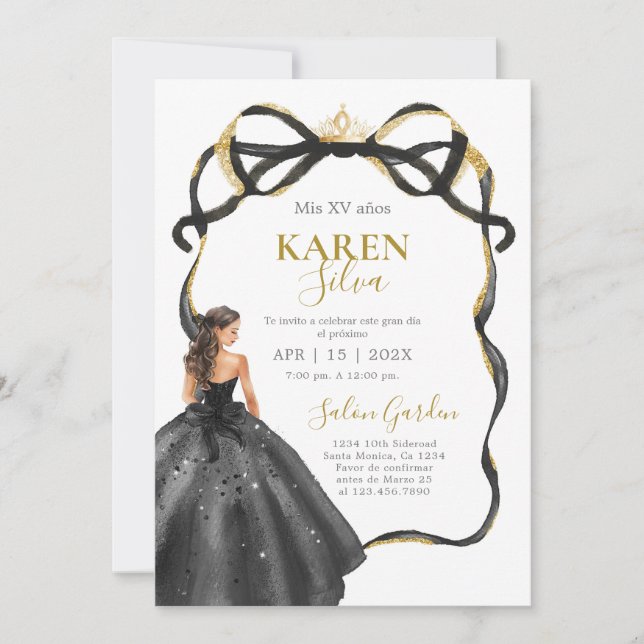 Invitation de Quinceañera noire et or (Devant)