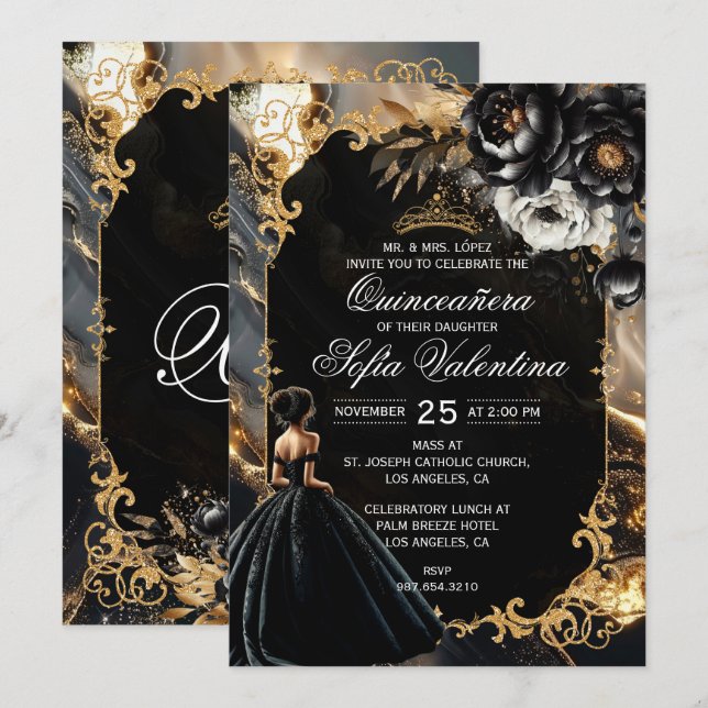 Invitation de Quinceañera noire et or (Devant / Derrière)