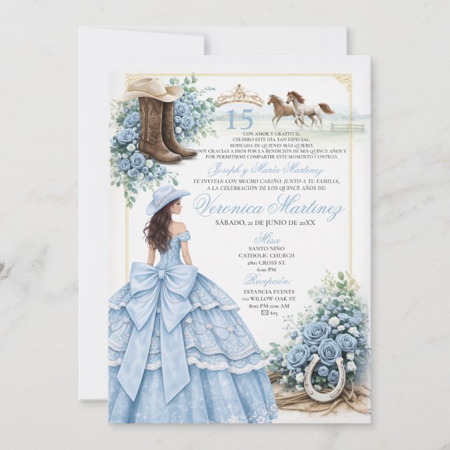 Invitation de Quinceañera occidentale bleu poussié (Devant)