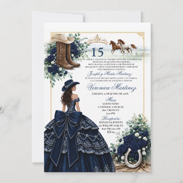 Invitation de Quinceañera occidentale espagnole bl (Devant)