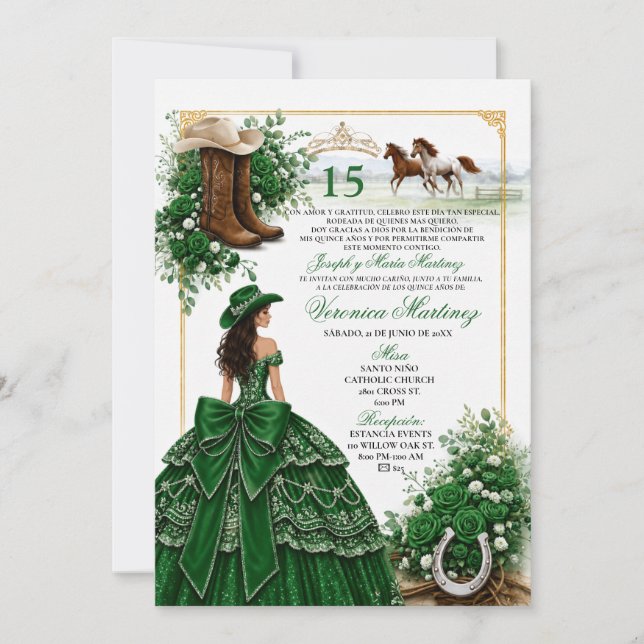 Invitation de Quinceañera occidentale vert émeraud (Devant)