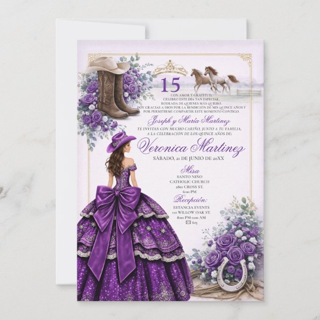 Invitation de Quinceañera occidentale violette Cow (Devant)