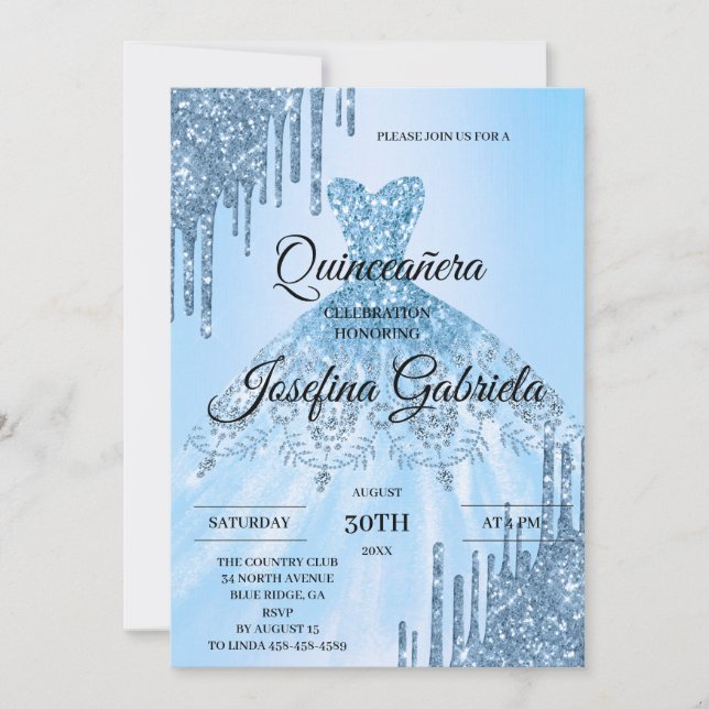 Invitation de Quinceañera Paillettes Bleues (Devant)
