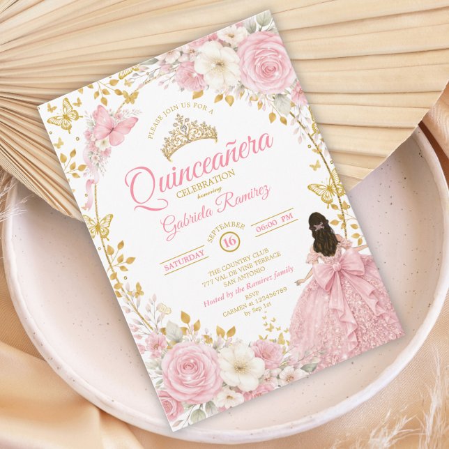 Invitation de Quinceañera Papillon Doré Rose Carmi (Créateur téléchargé)