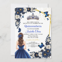 Invitation de Quinceañera Papillon Or Bleu Royal