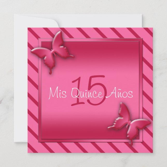 Invitation de Quinceañera, papillon rose et rouge (Devant)