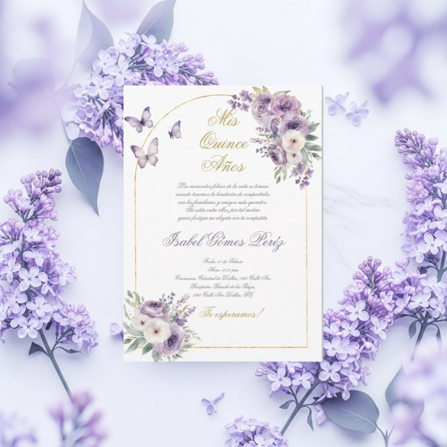 Invitation de Quinceanera papillon violet en espag (Créateur téléchargé)