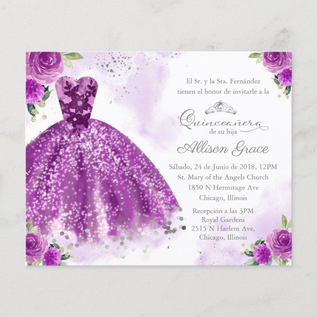 Invitation de Quinceanera pas cher Espagnol Violet (Devant)