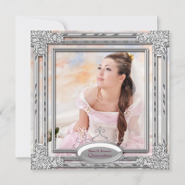 Invitation de Quinceañera photo rose argentée (Devant)