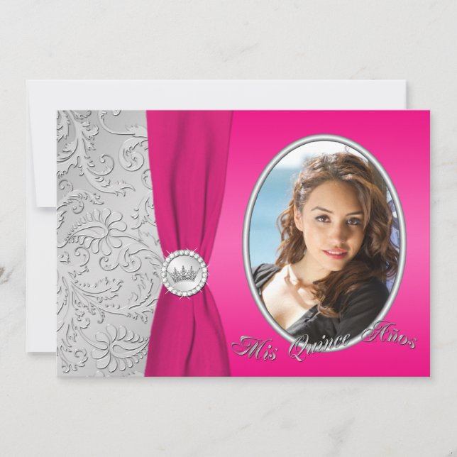 Invitation de Quinceanera, photo rose et argent ch (Devant)