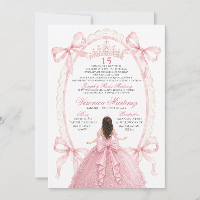 Invitation de Quinceañera Princesse à Ruban Rose e (Devant)