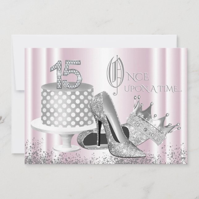 Invitation de Quinceañera Princesse Argent Rose (Devant)