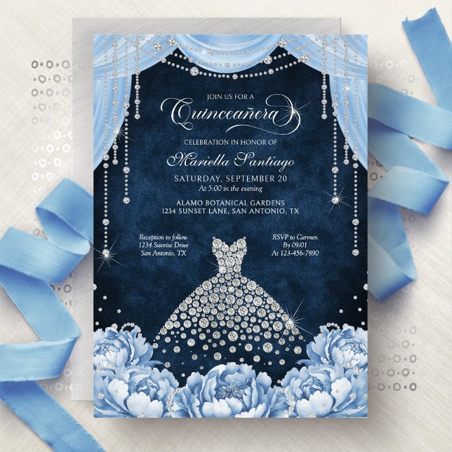 Invitation de Quinceañera Princesse Florale Bleu C (Créateur téléchargé)