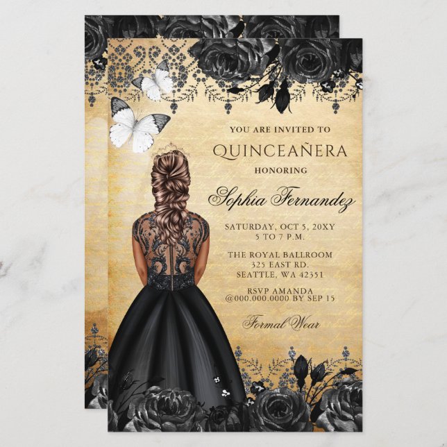Invitation de Quinceañera Princesse Noire à petit  (Devant / Derrière)
