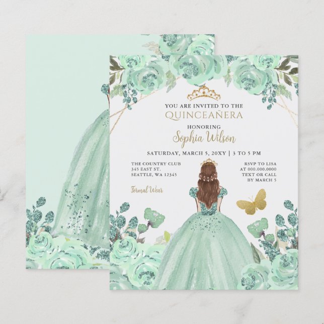 Invitation de Quinceañera Princesse Or Mint Budget (Devant / Derrière)
