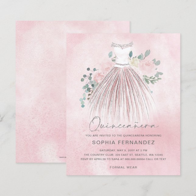 Invitation de Quinceañera Robe à paillettes dorées (Devant / Derrière)