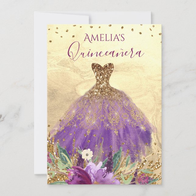 Invitation de Quinceanera Robe d'Améthyste Étincel (Devant)