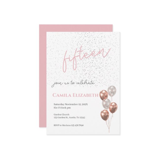 Invitation de Quinceañera rose (Devant/Arrière en situation)