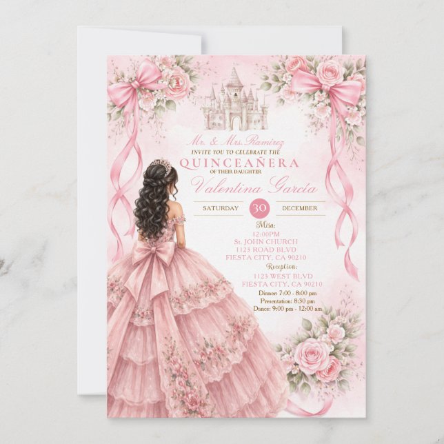 Invitation de Quinceañera Rose avec Nœud (Devant)