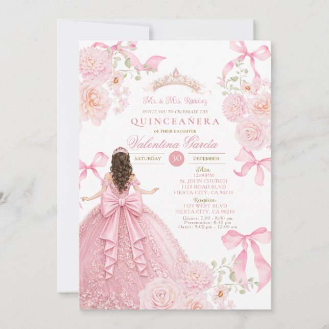 Invitation de Quinceañera Rose avec Robe à Noeud (Devant)