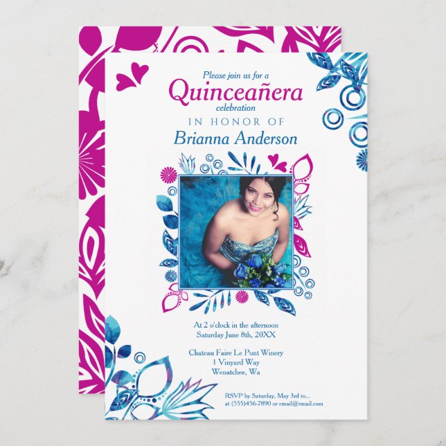Invitation de Quinceañera rose & bleu Floral (Devant / Derrière)