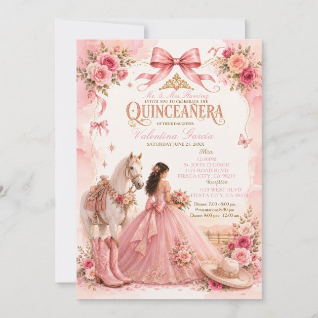 Invitation de Quinceañera Rose Charra Occidentale (Devant)
